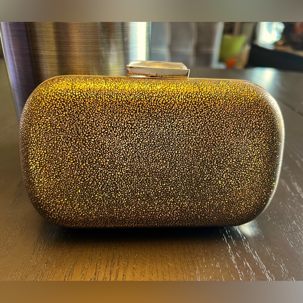 Gold Iridescent Clutch Purse with chain link Strap - Picture 3 of 8